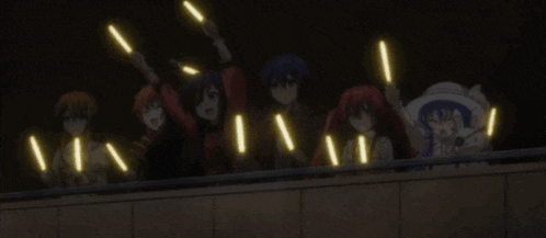 a group of anime characters are holding up glowing sticks