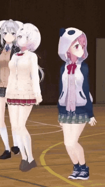 a group of anime girls are standing on a court