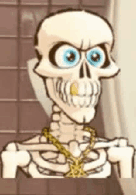 a cartoon skeleton with a gold chain around his neck is holding a toothbrush .