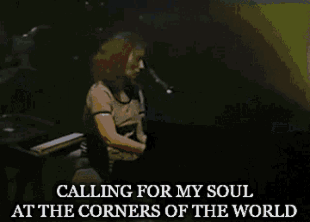 a woman singing into a microphone with the words calling for my soul at the corners of the world above her