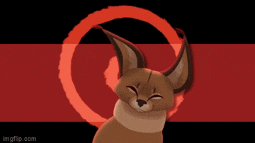 a fox with its eyes closed is sitting in front of a red circle on a black and red background