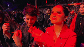 a man and a woman are sitting in a crowd at a concert ..