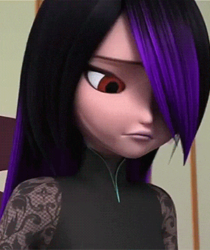 a cartoon character with purple hair and red eyes