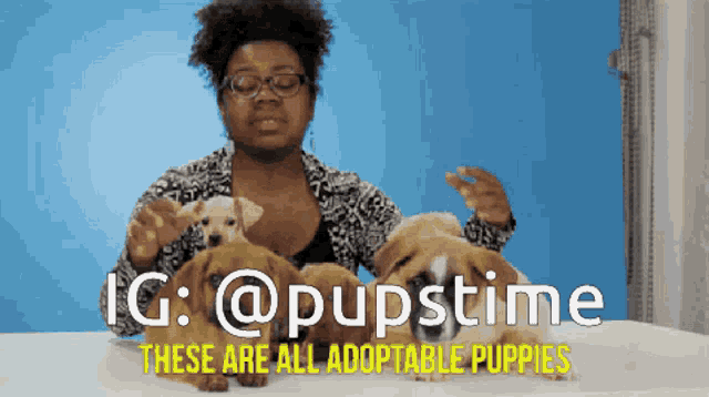 a woman is playing with three puppies and the caption says " these are all adoptable puppies "