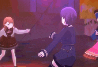two anime girls are standing next to each other in front of a purple background .