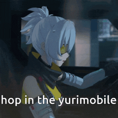 a picture of a girl with the words hop in the yurimobile above her
