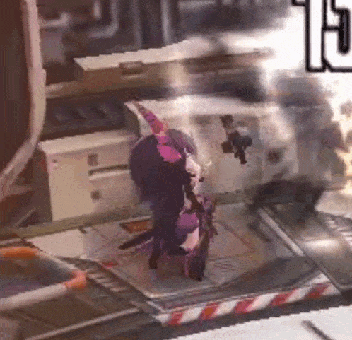 a cartoon character is standing on a table in a video game .