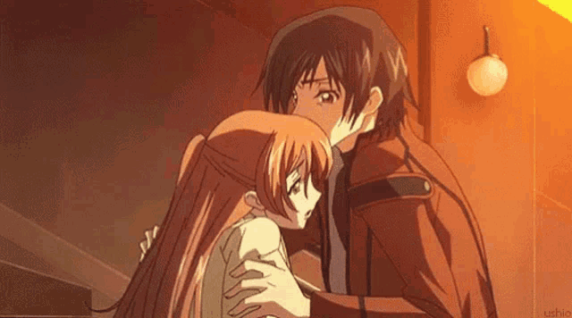 a boy and a girl are hugging each other in an anime .