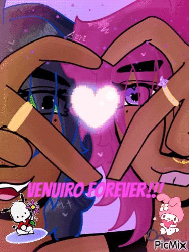 a cartoon of a girl making a heart shape with her hands with the words venuro forever written below her