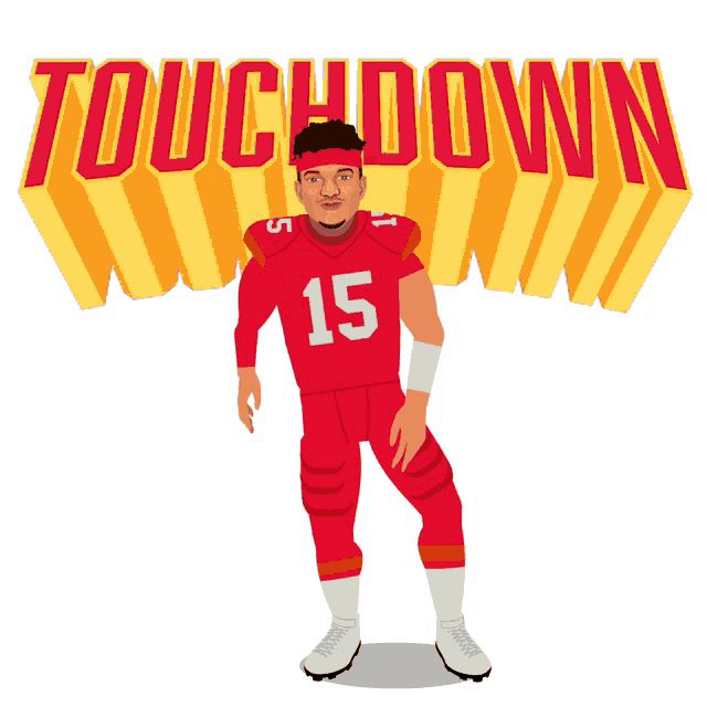 a football player with the number 15 on his jersey stands in front of the word touchdown