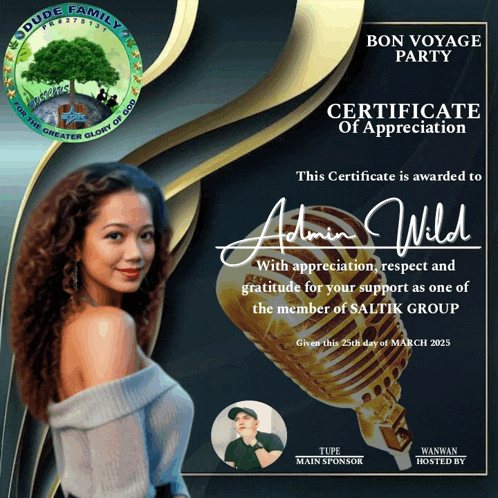a certificate of appreciation is awarded to admin wild with appreciation respect and gratitude for your support as one of the member of saltik group