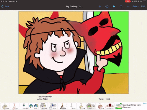 a cartoon of a boy holding a red devil mask with the time of 1:48