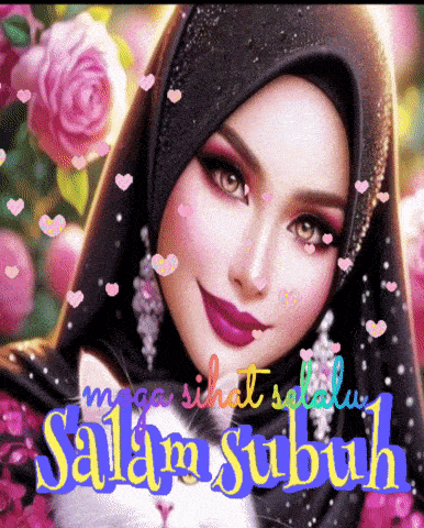 a woman in a hijab is surrounded by flowers and hearts and the words salam sabah