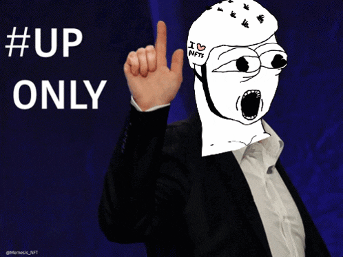 a man in a suit is giving a thumbs up in front of a sign that says " #up only "