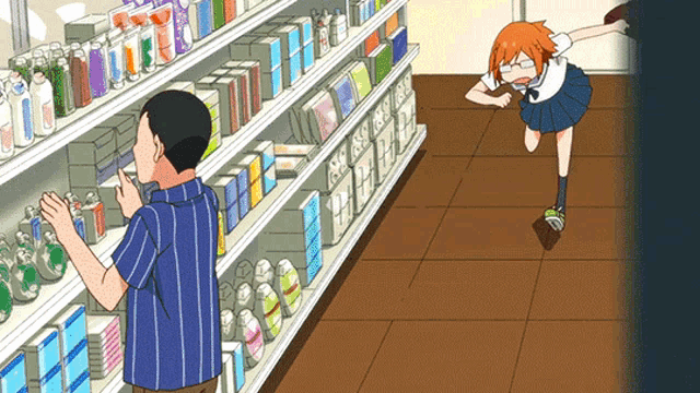 a man and a girl are in a store and the girl is running