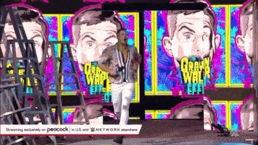 a man is standing in front of a screen that says ' braun walk left ' on it