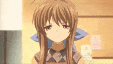 a girl with long brown hair is wearing a plaid turtleneck and apron