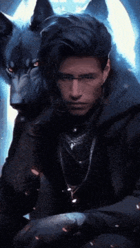 a man is sitting with a wolf on his shoulder .