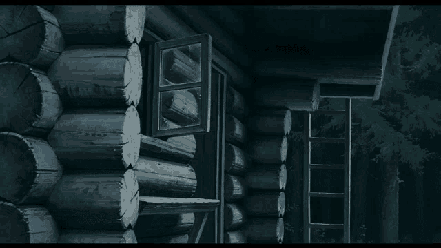 a log cabin with a door open and a window