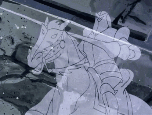 a drawing of a knight on a horse with a sword .