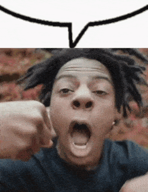 a man with dreadlocks is making a funny face with his mouth open and a speech bubble above his head .