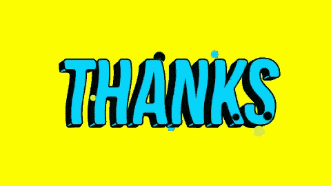 the word thanks is written in blue letters on a yellow background
