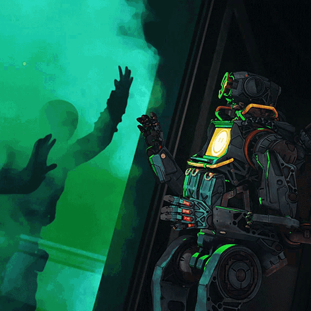 a robot with a smiley face on it stands in a dark room