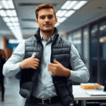 a man wearing a vest and a shirt is standing in an office