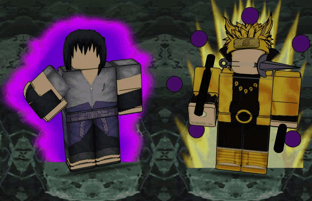 a cartoon of sasuke and naruto with a purple aura