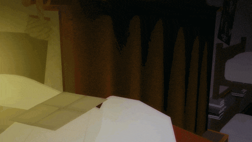 a computer generated image of a bedroom with a bed and a stack of books