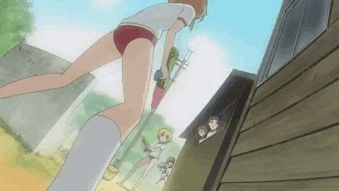 a group of anime girls are standing in front of a wooden building .