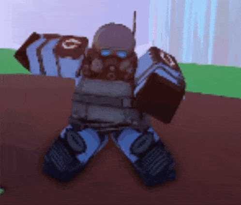 a robot with a gas mask on is standing on its knees on a dirt field .