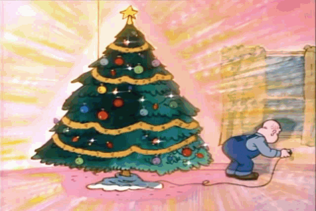 a cartoon of a man decorating a christmas tree in a room