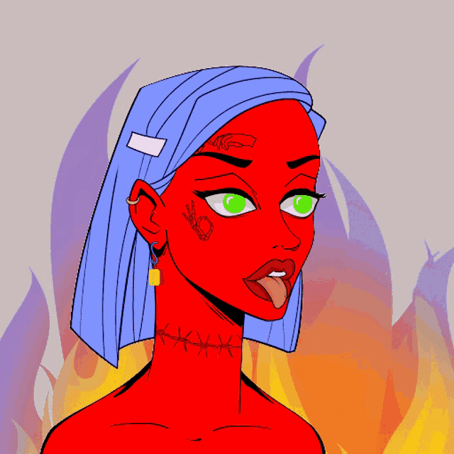 a cartoon drawing of a red woman with blue hair and green eyes