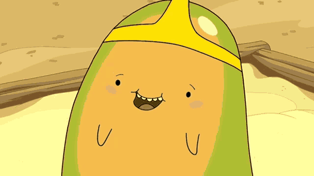 a cartoon character is wearing a yellow crown and smiling