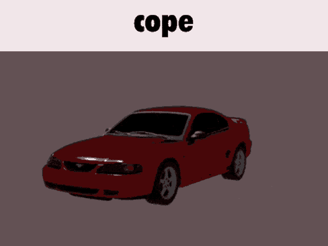 a 3d model of a red mustang with the word cope above it