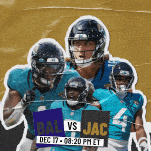 a group of football players are standing in front of a sign that says bal vs jac dec 17 at 8:20 pm et