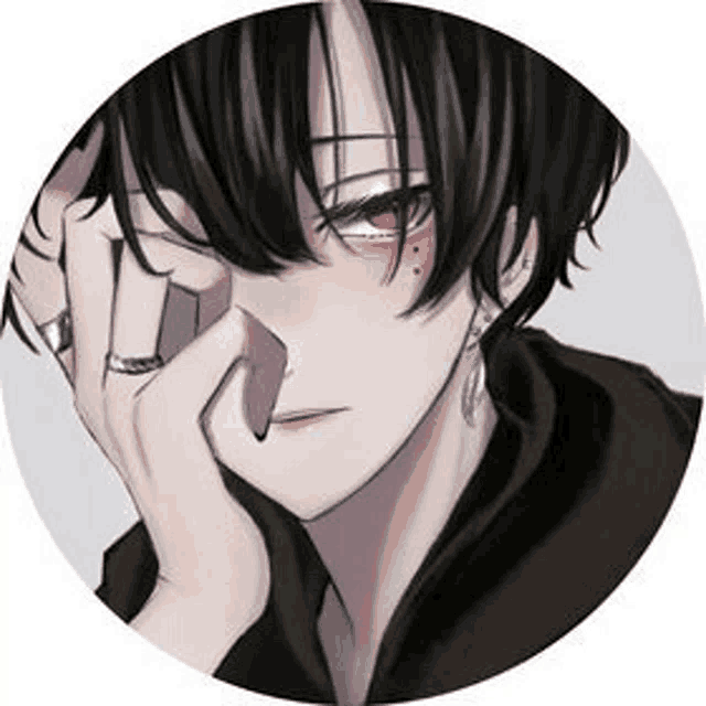 a black haired anime boy with red eyes and a ring on his finger is covering his face with his hand .