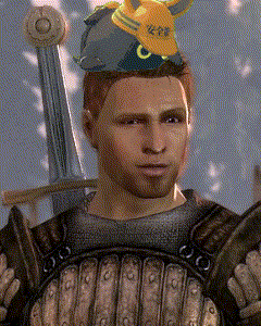 a man in armor holds a sword and a cat hat on his head ..