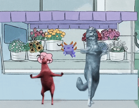 a cartoon of a cat and a purple axolotl dancing in front of a flower shop