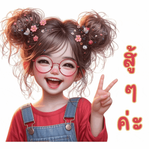 a girl with glasses and flowers in her hair is giving a peace sign