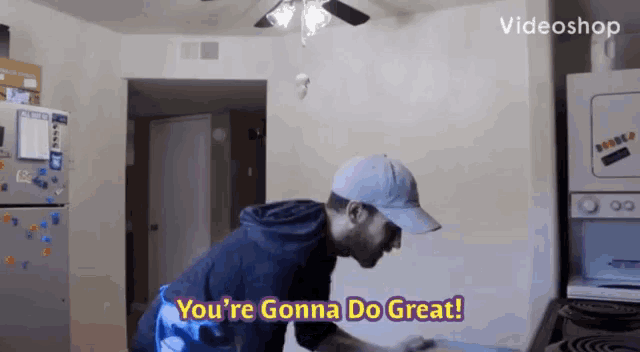 a man in a baseball cap says you 're gonna do great in a kitchen