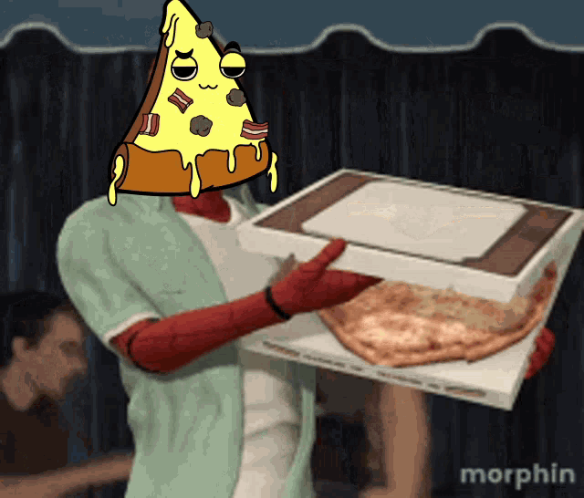 a man with a slice of pizza on his head is holding a pizza box