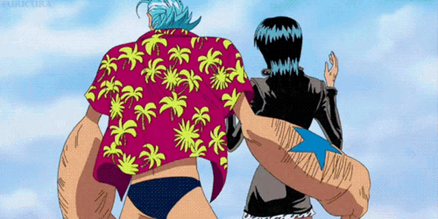 a man in a shirt with palm trees on it is standing next to a woman in a bikini