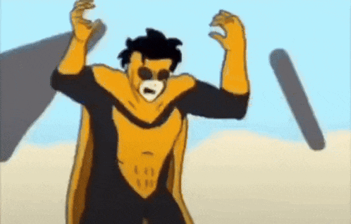 a cartoon of a man in a yellow and black superhero costume is standing in the desert .