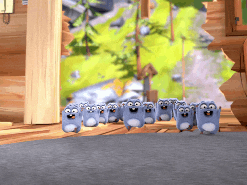 a bunch of cartoon animals are standing in a line