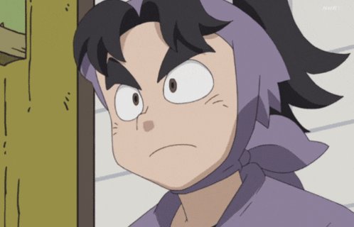 a cartoon character with purple hair and a bandana around his neck with the letters nhk on the bottom
