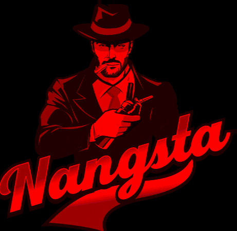 a man in a suit is holding a gun and the word nangsta is on the bottom