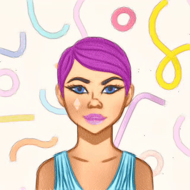 a drawing of a woman with purple hair and blue eyes .