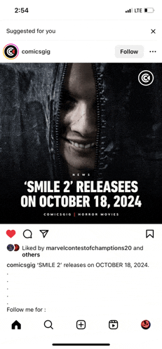 a phone screen shows a poster for a movie called smile 2 released on october 18 2024